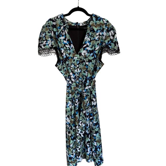 Badgley Mischka Size 22 Blue Green Floral Lace Trim Sleeve Collared Sheath Dress - Picture 2 of 16